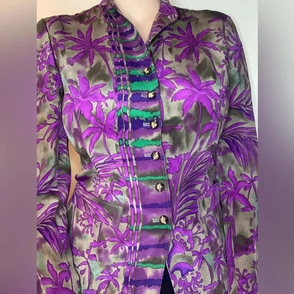 Vintage Dana Buchman Silk Tropical Print Long Sleeve Shirt Size 6 Purple - Picture 2 of 8